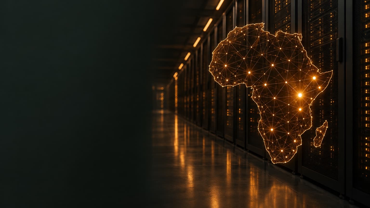 Network map of Africa glowing above a data centre aisle