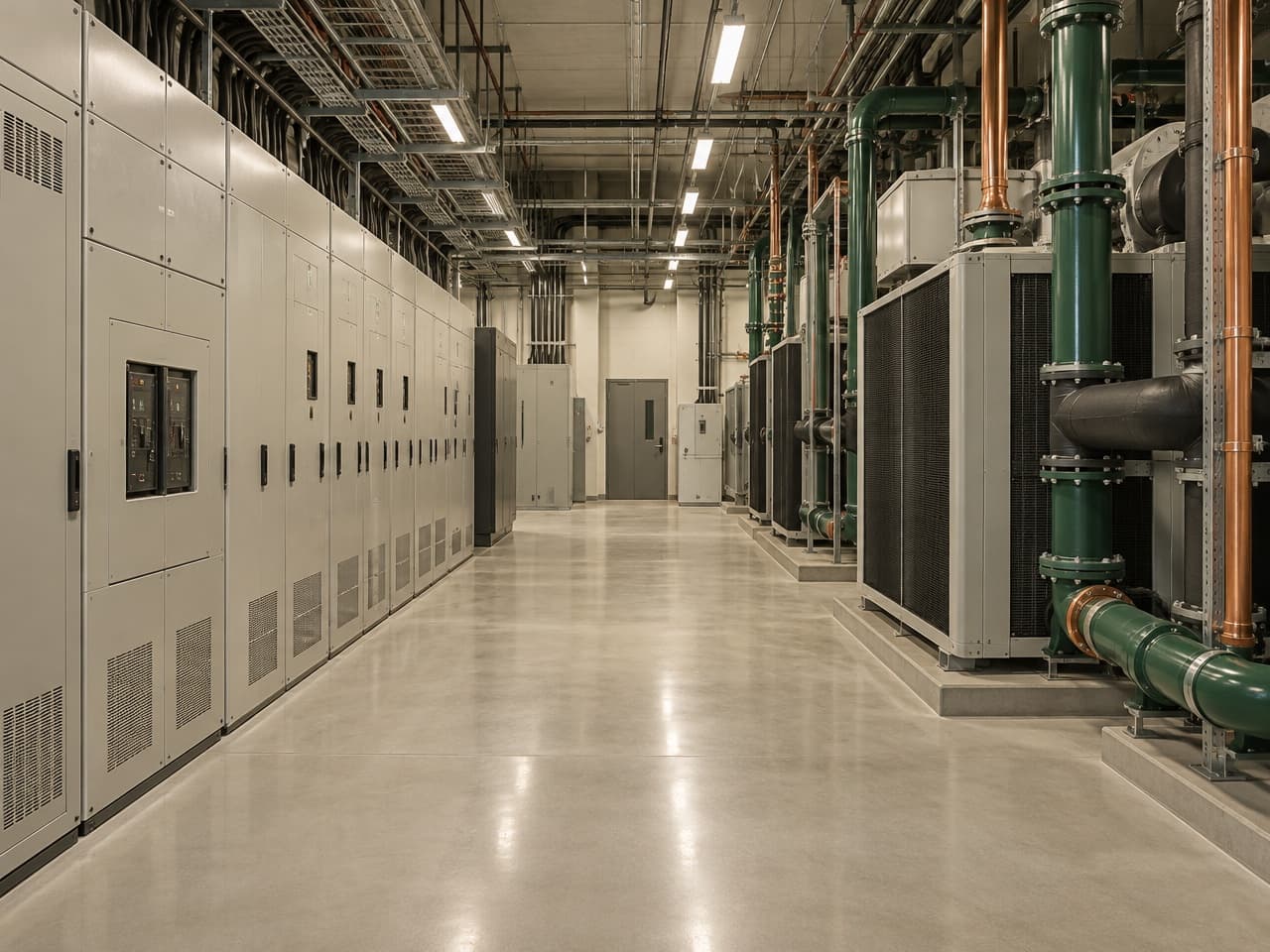 Electrical switchgear and cooling plant with green and copper pipework in a data centre plant room